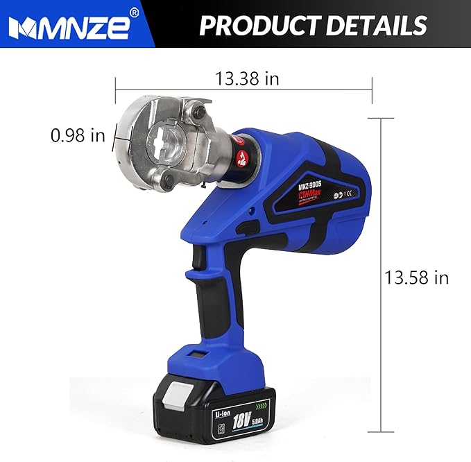 Electric Hydraulic Cable Lug Crimper Pliers Rechargeable Crimping Tool 6 Ton Electrical Terminal Cable Wire Fiber Crimper Kit with 11 Dies (MZ-MKZ-300)