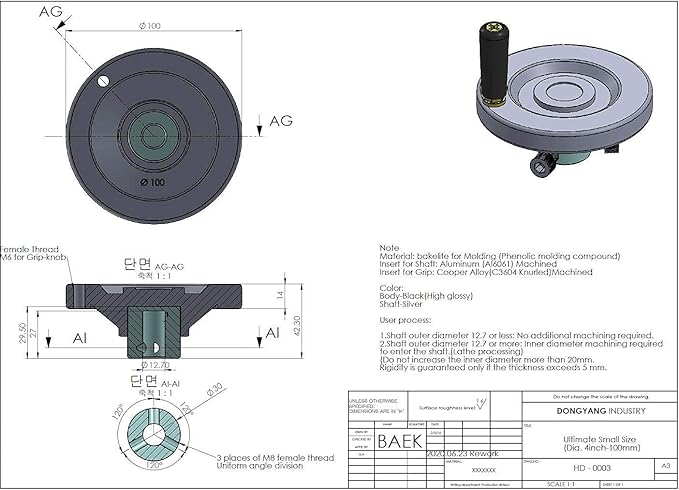 The Ultimate Handwheel | 0.5" or Less Shaft - Out Dia 4" | 2-Type Set Screw and Revolving Knob Handle Included Can be Used Immediately Without Any Pre-Processing Before Use. [Made in Korea]