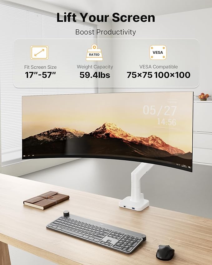 monTEK Sleek Aluminum Monitor Arm for 17??7??Ultrawide Screens up to 59.4 lbs, USB 3.0 A/C, Heavy Duty Single Monitor Arm Desk Mount, Pneumatic Lift, Quick-Release Plate, Clamp/Grommet, VESA 100x100