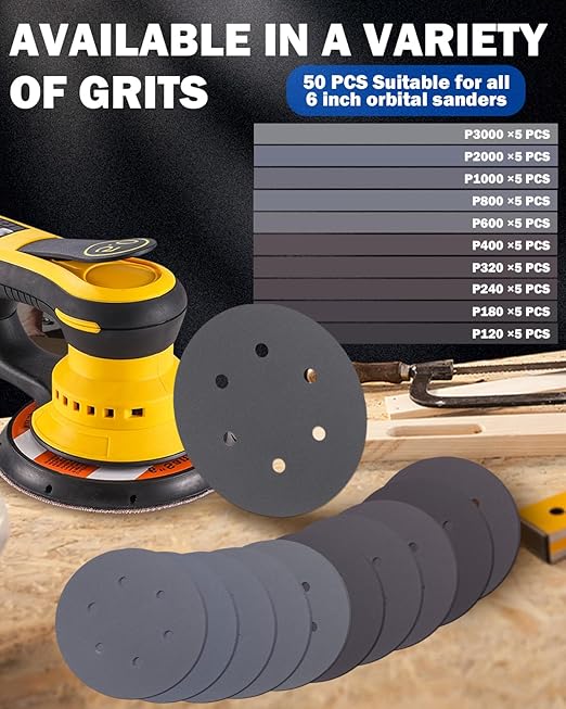 50PCS 6 Inch Wet Dry Sanding Paper Discs Hook and Loop, 6 Hole 120 to 1000 2000 3000 Grit Sandpaper for DA Random Orbital Sander, Silicon Carbide Fine Sandpaper Assortment for Car Wood Metal Polishing