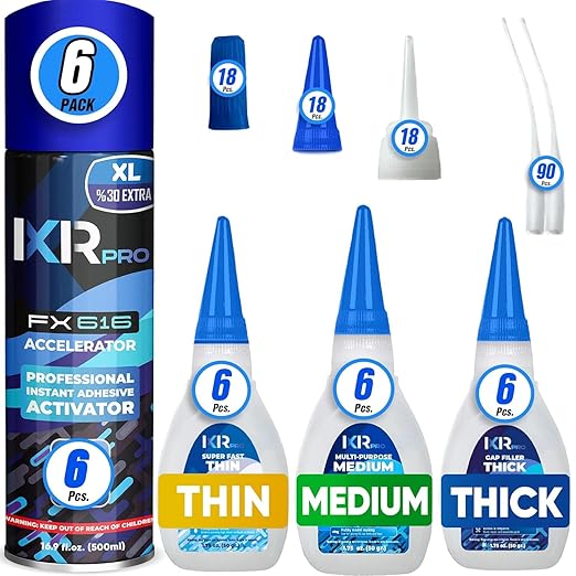 CA Glue with Activator Kit (18x1.75 oz. Thin-Medium-Thick + 6x16.9 fl.oz.) Cyanoacrylate Glue and Activator, Super Glue Accelerator, Super Glue for Wood, Woodworking, Plastic, Guitar, 3D Printing