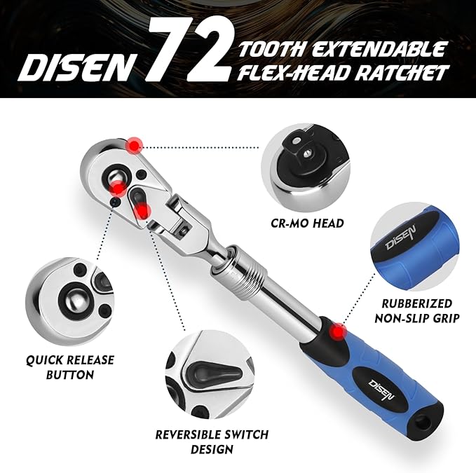 DISEN 3/8" Drive Extendable Ratchet,72-Tooth Flex-Head Ratchet Wrench with Quick Release Locking竊똕oft-Grip with Reversible Switch,Full-Polished Chrome Plating