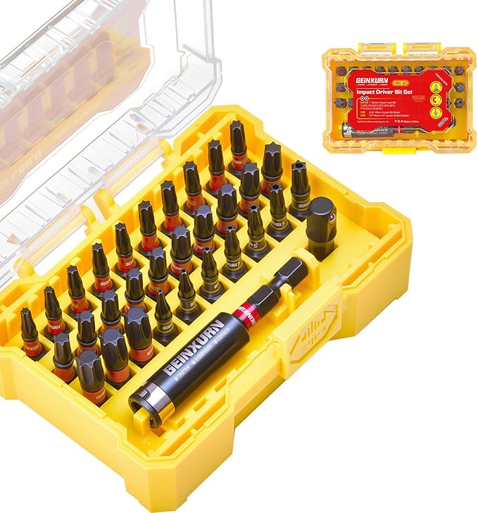 32Pieces Impact Screwdriver Bits Set, S2 Steel Magnetic Torx/Security Torx Muliti Insert Bits Tips Set with Impact Bit Holder and 1/4?쒾ocket Adapter(Yellow Storage Box Case)