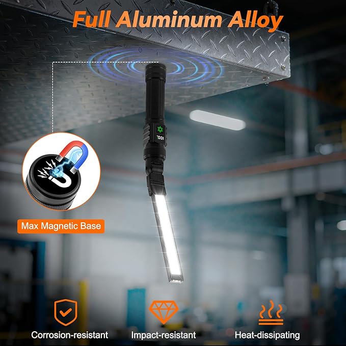 2Pack Magnetic Work Light, All Aluminum & 1500 High Lumens Rechargeable Work Light, 7 Mode & 360째 Rotation Mechanic Light, Rechargeable Flashlight for Car Repairing, Valentines Day Tool Gifts for Him