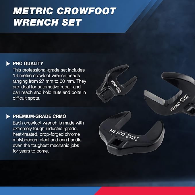 NEIKO 03326A 쩍??Drive Jumbo Crowfoot Wrench Set | 14 Piece | Metric | 27 to 50 mm | Cr-Mo Steel, Red