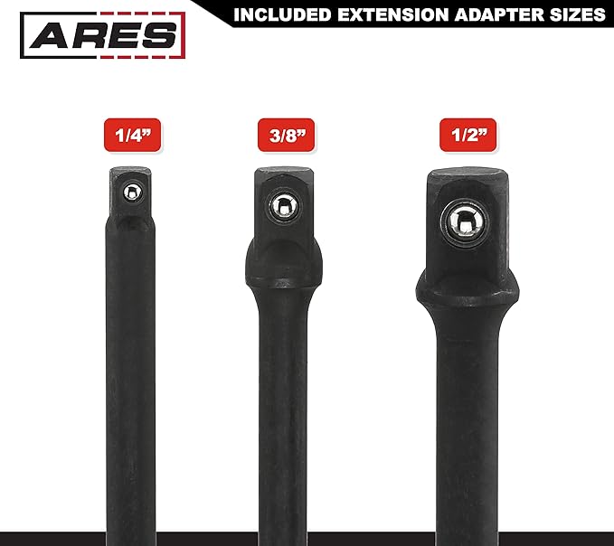 ARES 28000 - Impact 3-Inch Extension and Socket Adapter Set - Includes 3-Inch Extensions in 1/4-Inch Drive, 3/8-Inch Drive, and 1/2-Inch Drive, 2 Adapters, and 2 Reducers …