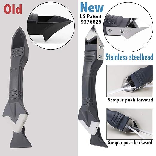 3 in 1 Silicone Caulking Tools竊늆tainless Steelhead竊? Sealant Finishing Tool Grout Scraper, Reuse and Replace 5 Silicone Pads, Great Tools for Kitchen Bathroom Window, Sink Joint