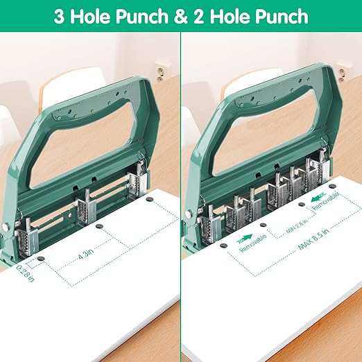 AFMAT 3 Hole Punch Heavy Duty, 9/32" Holes, 50-Sheet Hole Puncher 3 Ring, 50% Reduced Effort, Adjustable Two & Three Hole Punch, Metal Paper Puncher w/Large Chip Tray, Metal Paper Guide, Green, HP18