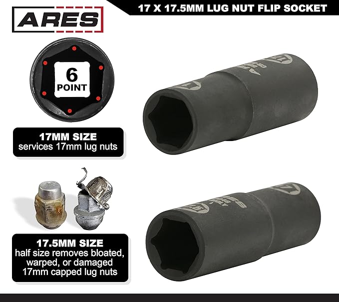 ARES 59048-1/2-inch Drive 17 x 17.5mm Half Size Lug Nut Flip Socket - Impact Grade Chrome-Moly Steel ??Remove Warped, Damaged, and Bloated Chrome Capped Lug Nuts