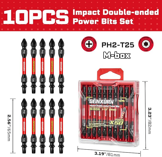 10Pcs PH2-T25 Impact Double End Screwdriver Bit Set, 2.56 in. #2 Phillips /#25 Torx Power Driver Bits, Magnetic S2 Steel Two Sides Screwdriver Bits Set with Storage M-Box
