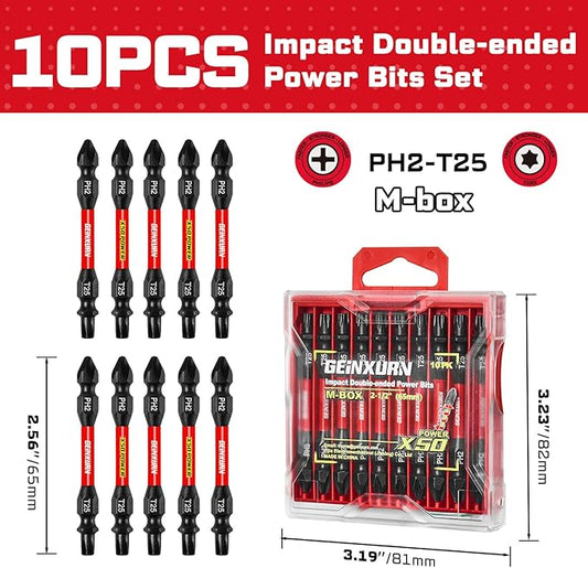 10Pcs PH2-T25 Impact Double End Screwdriver Bit Set, 2.56 in. #2 Phillips /#25 Torx Power Driver Bits, Magnetic S2 Steel Two Sides Screwdriver Bits Set with Storage M-Box