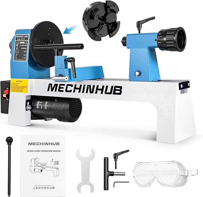 8" x 12" Mini Benchtop Wood Lathe and 4 Inch 4 - Jaw Wood Lathe Chuck Set