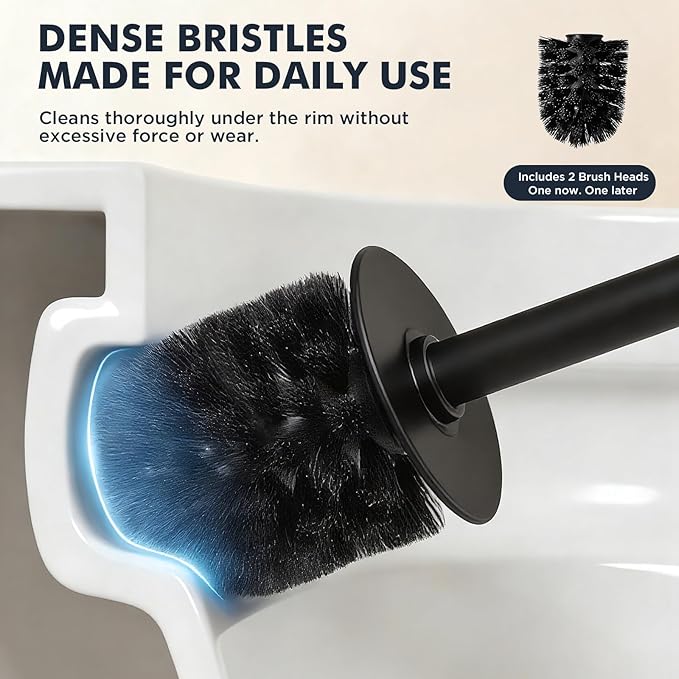Toilet Brush and Holder Set, Stainless Steel Toilet Bowl Brush with 16.5" Long-Reach Handle, Tilted Canister with Concealed Brush Head & Anti-Splash Shield for Bathroom Cleaning, 1 Spare Head Included