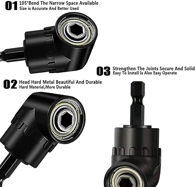 Flexible Drill Bit Extension Set with Right Angle Attachment, 360째 Rotatable 1/4 3/8 1/2" Impact Grade Socket Adapter Sets for Cordless Drill & Screwdriver, Power Drill & Driver