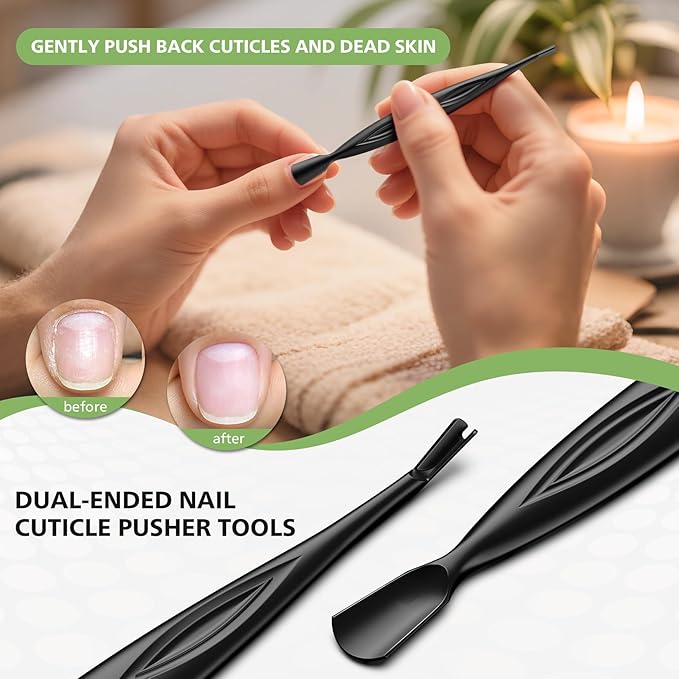 BALUCA 2-in-1 Cuticle Pusher & Trimmer with Fork ??Professional Stainless Steel Nail Cuticle Remover Tool for Pain-Free Manicure & Pedicure ??Durable Metal Cuticle Nippers and Scraper, Black