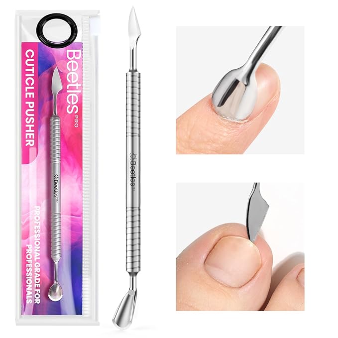 Beetles Pro 1-Pcs Dual-Ended Cuticle Pusher, Professional Horseshoe 11mm and Angled Blade 13mm Precise Cuticle Care, Stainless Steel Handle Nail Tools for Nail Art Prep ??Salon Quality Manicure Tool