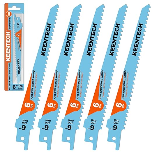 KEENTECH 6 Inch Bi-Metal Reciprocating Saw Blade 5-Pack for Fast Wood Demolition, 6 TPI, Fits Milwaukee Sawzall and Other Reciprocating Saws
