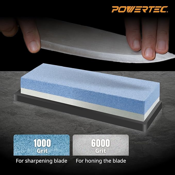 POWERTEC Whetstone Knife Sharpening Stone ??Dual Grit 1000/6000 Water Stone with Non-Slip Rubber Base for Sharpening Kitchen Knives, Razors, Chisels, Scissors, Axe, Hatchet (71916)