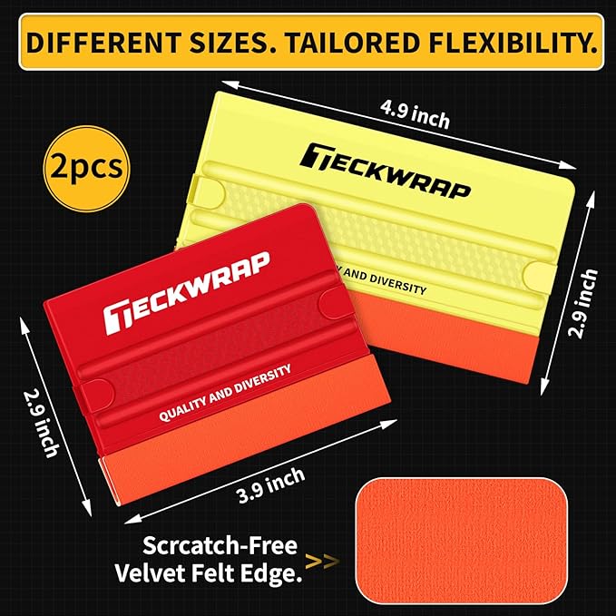 TECKWRAP Felt Squeegee for Vinyl Wrap, 2 Hardness Options Vinyl Scraper Tool with Anti-Slip Twin Ribs & Dual-Corner Design for PPF, Tint & Decals (Yellow 40A / Red 60A)