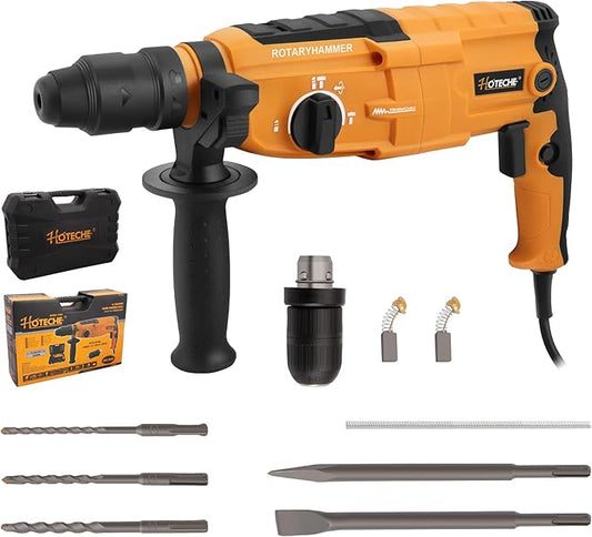 Hoteche 3-in-1 Rotary Hammer Drill 1-Inch SDS Plus Electric Hammer 6.7-Amp/800W Variable Speed Corded Power Hammer Drill Demolition Jack Hammer for Concrete with Extra 1/2 Chuck, Drill Bits & Chisels