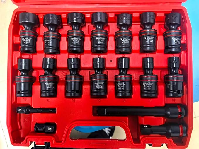 Drive Impact Universal Joint Socket Set, 6 Points, Shallow Swivel Socket Set, Cr-Mo Steel. Flexible Wobble Sockets with 3", 6" Extension Bar, Adapter(Metric 1/2(18 PCS)