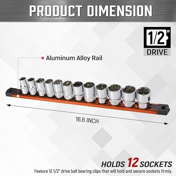 ALOANES 1/2-Inch Drive Magnetic Socket Organizer, Heavy Duty Aluminum Socket Rail Organizer, 360째 Swivel Clips Socket Rail Set For Sockets Storage, 1/2-Inch Socket Holder x 12 Clips (Orange)