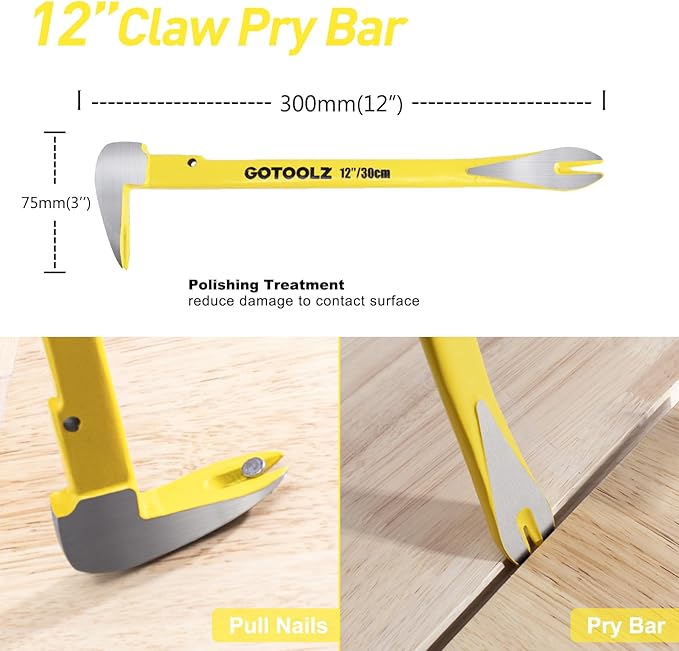 4-Piece Pry Bar Set, 12-Inch Utility Claw Pry Bar, 10-Inch & 7.5-Inch Flat Pry Bars Crowbar Claw, 8-Inch End Cutting Pliers, Nail Remover Tool for Baseboard, Floor, Nails Removal
