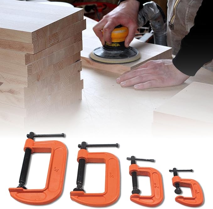 (4-Piece) C Clamps Set 1-Inch, 2-Inch, 3-Inch, 4-Inch Heavy Duty Steel Iron Alloy Versatile G-Clamps, Orange