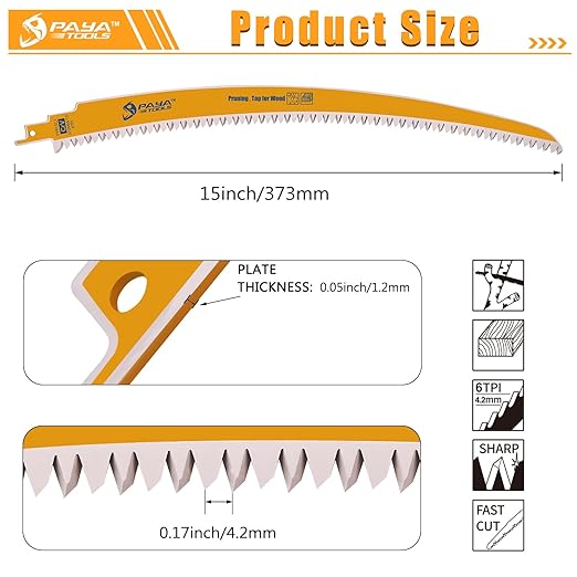 15 Inch 6TPI Japanese Teeth Reciprocating Saw Blade, Curved Edge Wood Pruning Saw Blades for Tree Trimming, Wood Cutting (3-Pack)
