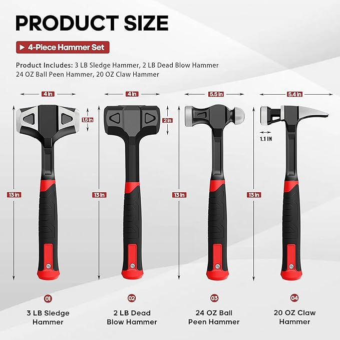 YIYITOOLS 4-Piece Hammer Set - 2LB Dead Blow, 24oz Ball Peen, 20oz Claw, 3LB Sledgehammer - One-Piece Carbon Steel Forging, Ergonomic Anti-Slip Rubber Grips for Garages, Repair Shops, and DIY