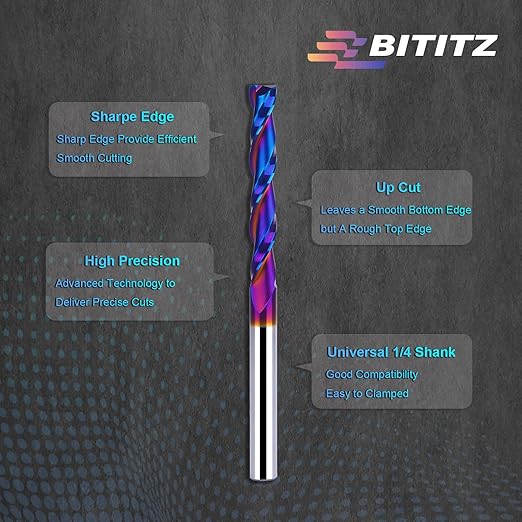 1/4 Upcut Spiral Router Bit 1/4 Inch Shank 2 inch Cutting Length with Extra Long Life Coating CNC Router Bits End Mill for Wood Cutting, Slot Mortise, Engraving