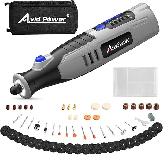 AVID POWER Cordless Rotary Tool 2.0 Ah 8V Rechargeable Rotary Tool, 4 Front LED Lights, 5 Speeds, 60 Pcs Rotary Accessories with Bag for Carving, Engraving, Sandng, Polishing and Cutting - Grey