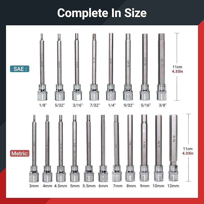 19-Piece 3/8 Inch Drive Extra Long Allen Hex Bit Socket Set, Standard SAE (1/8" - 3/8"), Metric (3mm-12mm), CR-V & S2 Alloy Steel Durable Tool Accessories Kit for Mechanics