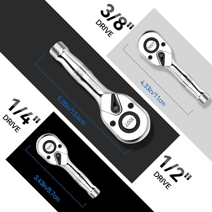 DISEN 3-Piece Stubby Ratchet Set ??1/4", 3/8", 1/2" Drive | 100-Tooth Ratchet with EVA Storage Tray | Quick Release Button | Non-Slip Grip | Reversible 3.6째 Design for Tight Spaces, Chrome Finish