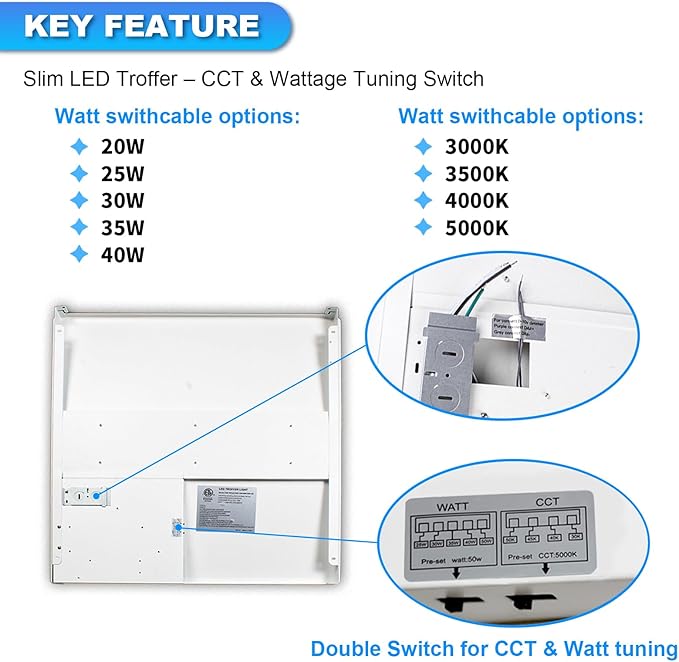 Cortelco 2x2 LED Troffer Light-20W/25W/30W/35W/40W,Up to 6000 Lumens,4 CCT Selectable 3000K/3500K/4000K/5000K,0-10V Dimmable Drop Ceiling Panel ??100-277V,ETL & DLC Listed,Commercial Grade,2 Pack
