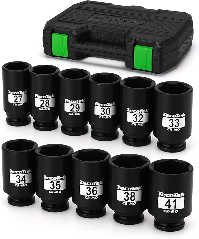 1/2" Drive Deep 6-Point Impact Socket Set, 11-Piece Deep Metric Spindle Axle Nut Impact Socket Set, Cr-Mo, 27mm - 41mm