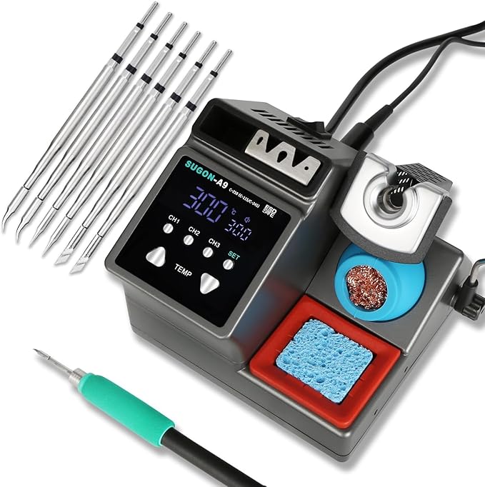 SUGON A9 210 Precision Soldering Station, Fast heating to 716째F in 2 seconds, 120W Soldering Iron Station kit with 6 Soldering Iron Tip, 3 Preset temperature, 212-842?? Soldering Iron Replacement Rack