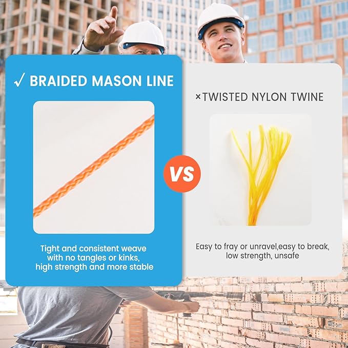 MERIANE Mason Line w/Reloadable Line Reel, 250FT Nylon String Line, 18# Braided Twine String for Masonry Job, Level Lines in Construction, Gardening, Fluorescent Orange