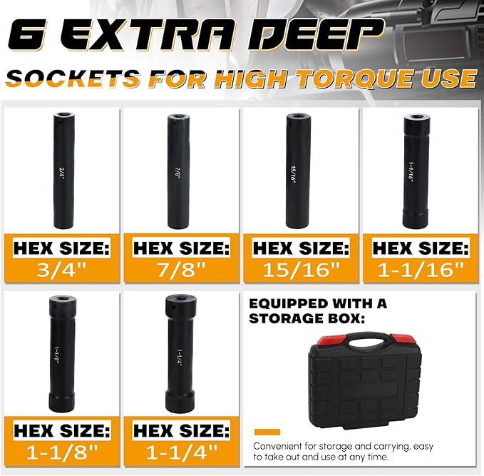 1/2 Inch Drive Extended Length Impact Socket Set, 6 Sizes Extra Deep Socket Set - Hex 3/4", 7/8", 15/16", 1-1/16", 1-1/8", 1-1/4" for High Torque Use (Extended Length)