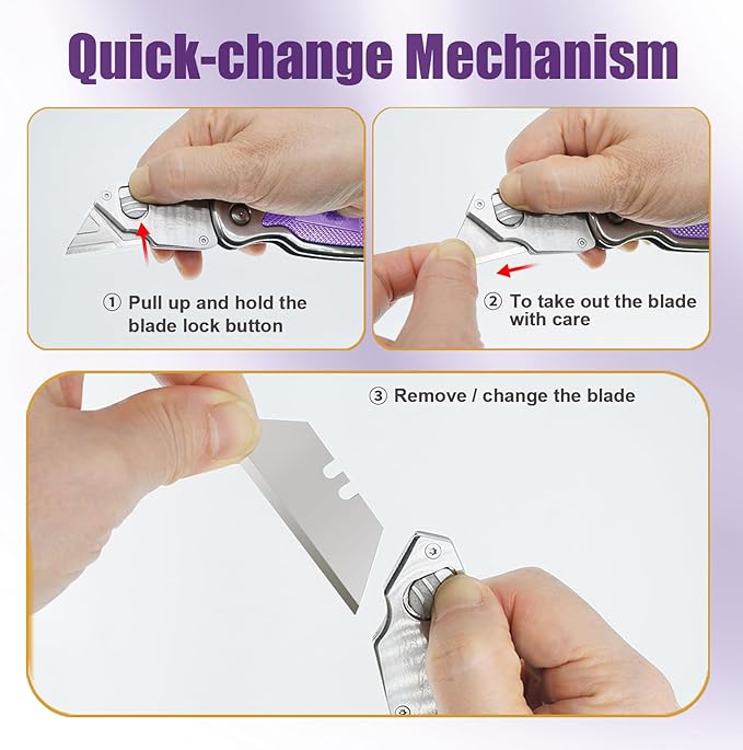 Vickay Box Cutter, Utility Knife with Belt Clip, Stainless Steel Body Handle, Quick-change Blade and Safety Axis Lock, Razor Knife, Cardboard Cutter with Extra 5PC SK5 Blades (Purple)
