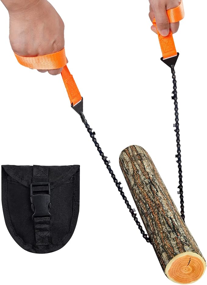 Sucrain Pocket Chainsaw with Paracord Handle, Folding Chain Hand Saw, Emergency Outdoor Survival Gear for Camping, Hunting, Hiking, Cutting Wood & Tree (Orange, 11 Teeth, 24'' Long)