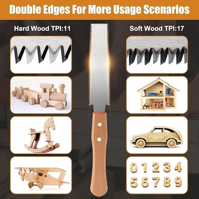 Japanese Pull Saw, Hand Saw With Double Edges of 11/17 TPI, SK5 Flexible Blade Flush Cut Saw for Wood Cutting