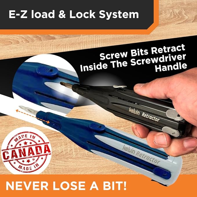 Kelvin Tools Retractor - Retractable All-In-One Screwdriver Quick Change Phillips Head and Flat Head, Upgraded Retract-A-Bit Screwdriver, Durable & Lightweight - MADE in NORTH AMERICA