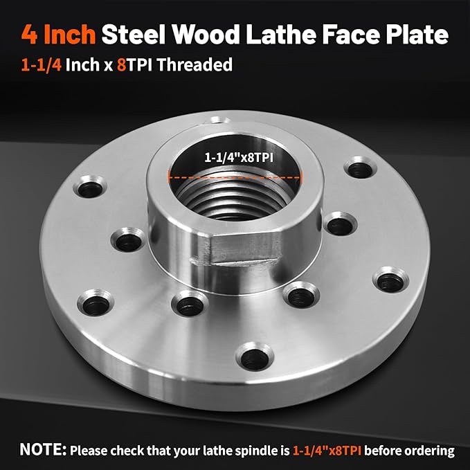 4" Wood Lathe Steel Faceplate,Faceplate for Wood Lathe,Lathe Face Plate Fit for 1-1/4" x 8TPI Spindle