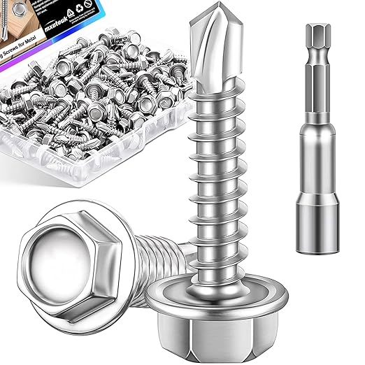 mxuteuk #10횞1" Self Tapping Screws,410 Stainless Steel Self Tapping Screws for Metal,Self Drilling Screws,Hex Washer Head Sheet Metal Screws Suitable for Wood, Metal or Tough Materials (125PCS)