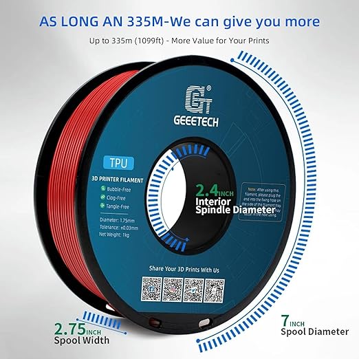 Geeetech TPU Filament 1.75mm, 95A Flexible 3D Printer Filament with High Elasticity, 1KG (2.2lbs) Spool, Dimensional Accuracy 짹0.03mm, Fits Most FDM Printers, Red