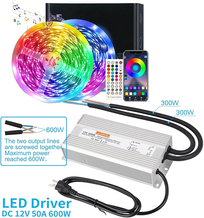 LED Driver 12V600W Waterproof Power Supply AC 90-130V to DC 12V50A Low-Voltage IP67 Switching Power Supply Outdoor LED Garden Landscape Lights LED Strip Light Spotlights Transformer