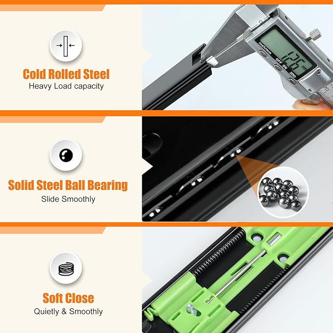 1 Pair | Soft Close Drawer Slides 22 inch, HBL??Heavy Duty Cabinet Drawer Slides Replacement - Ball Bearing Full Extension, 200 LB Capacity, Made of Cold-Rolled Steel, Rust-Resistant & Long-Lasting.