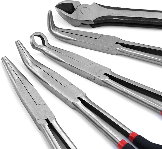5-Piece 11" Extra Long Needle Nose Pliers Set with Insulated Comfort Grip, Straight Long Reach Plier, 45/90째Bent Nose Pliers,O-shaped nose plier,Diagonal Plier for Bending Shaping Trimming