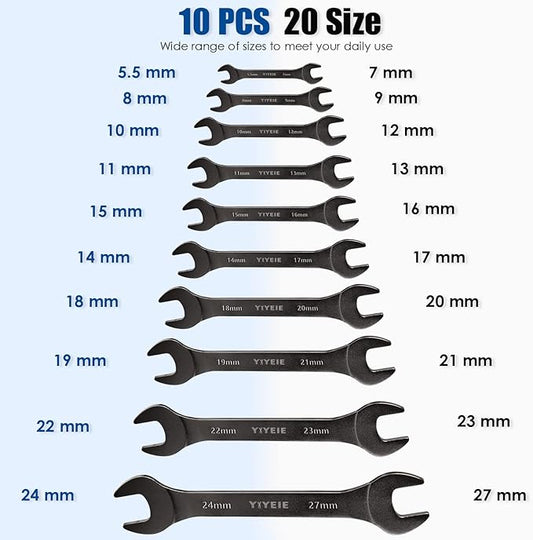 YIYEIE Super-Thin Open End Wrench Set, 10-Piece Metric, 5.5, 7, 8, 9, 10, 11, 12, 13, 14, 15, 16, 17, 18, 19, 20, 21, 22, 23, 24, 27 mm, Nickel Coating, CR-V Steel, Slim Wrench with Rolling Pouch